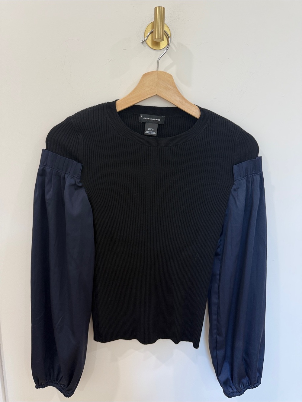 Club Monaco Black Sweater with Navy Sleeve Panels
